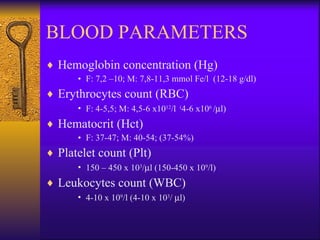 BLOOD PARAMETERS Hemoglobin concentration (Hg) F: 7,2 –10; M: 7,8-11,3 mmol Fe/l  (12-18 g/dl) Erythrocytes count (RBC) F: 4-5,5; M: 4,5-6 x10 12 /l   ( 4-6 x10 6  /  l) Hematocrit (Hct) F: 37-47; M: 40-54; (37-54%) Platelet count (Plt) 150 – 450 x 10 3 /  l (150-450 x 10 9 /l) Leukocytes count (WBC) 4-10 x 10 9 /l (4-10 x 10 3 /   l) 