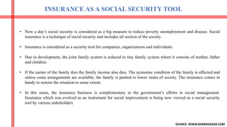INSURANCE AS A SOCIAL SECURITY TOOL
SOURCE: WWW.BANKBAZAAR.COM
• Now a day’s social security is considered as a big measure to reduce poverty unemployment and disease. Social
insurance is a technique of social security and includes all section of the society.
• Insurance is considered as a security tool for companies, organizations and individuals.
• Due to development, the joint family system is reduced to tiny family system where it consists of mother, father
and children.
• If the earner of the family dies the family income also dies. The economic condition of the family is affected and
unless some arrangements are available, the family is pushed to lower strata of society. The insurance comes in
handy to restore the situation to some extent.
• In this sense, the insurance business is complementary to the government’s efforts in social management.
Insurance which was evolved as an instrument for social improvement is being now viewed as a social security
tool by various stakeholders.
 