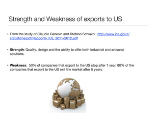 Strength and Weakness of exports to US 
• From the study of Claudio Ganesin and Stefano Schiavo: http://www.ice.gov.it/ 
statistiche/pdf/Rapporto_ICE_2011-2012.pdf 
• Strength: Quality, design and the ability to offer both industrial and artisanal 
solutions. 
• Weakness: 50% of companies that export to the US stop after 1 year. 80% of the 
companies that export to the US exit the market after 5 years. 
 