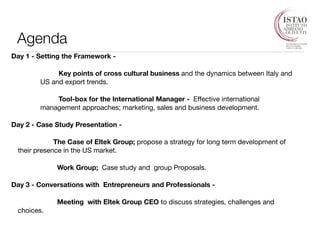 Agenda 
Day 1 - Setting the Framework - 
Key points of cross cultural business and the dynamics between Italy and 
US and export trends. 
Tool-box for the International Manager - Effective international 
management approaches; marketing, sales and business development. 
Day 2 - Case Study Presentation - 
The Case of Eltek Group; propose a strategy for long term development of 
their presence in the US market. 
Work Group; Case study and group Proposals. 
Day 3 - Conversations with Entrepreneurs and Professionals - 
Meeting with Eltek Group CEO to discuss strategies, challenges and 
choices. 
 