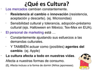 ¿Qué es Cultura?

•

•

•

Los mercados cambian constantemente.
•
Resistencia al cambio e innovación (resistencia,
aceptación y descarte). (ej. Microondas)
•
Sensibilidad cultural y tolerancia, adopción-préstamo
cultural (ejs. Halloween en México; Tex-Mex en EUA).
El personal de marketing está …
•
Constantemente ajustando sus esfuerzos a las
demandas culturales.
•
Y TAMBIÉN actuar como (posibles) agentes del
cambio. (ej. Apple)
La cultura afecta a todo en nuestras vidas.
Afecta a nuestras formas de consumo.
(Ej. Afecta incluso a la forma de dormir (Niños japoneses).

 