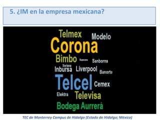 5. ¿IM en la empresa mexicana?

TEC de Monterrey Campus de Hidalgo (Estado de Hidalgo; México)

 