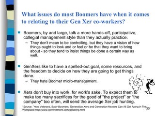 What issues do most Boomers have when it comes to relating to their Gen Xer co-workers? <ul><li>Boomers, by and large, tal...