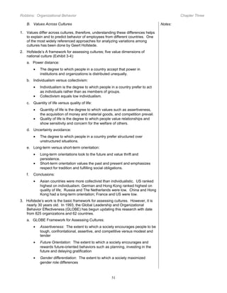 Robbins: Organizational Behavior

Chapter Three

B. Values Across Cultures

Notes:

1. Values differ across cultures, therefore, understanding these differences helps
to explain and to predict behavior of employees from different countries. One
of the most widely referenced approaches for analyzing variations among
cultures has been done by Geert Hofstede.
2. Hofstede’s A framework for assessing cultures; five value dimensions of
national culture (Exhibit 3-4):
a. Power distance:
•

The degree to which people in a country accept that power in
institutions and organizations is distributed unequally.

b. Individualism versus collectivism:
•
•
c.

Individualism is the degree to which people in a country prefer to act
as individuals rather than as members of groups.
Collectivism equals low individualism.

Quantity of life versus quality of life:
•
•

Quantity of life is the degree to which values such as assertiveness,
the acquisition of money and material goods, and competition prevail.
Quality of life is the degree to which people value relationships and
show sensitivity and concern for the welfare of others.

d. Uncertainty avoidance:
•

The degree to which people in a country prefer structured over
unstructured situations.

e. Long-term versus short-term orientation:
•
•
f.

Long-term orientations look to the future and value thrift and
persistence.
Short-term orientation values the past and present and emphasizes
respect for tradition and fulfilling social obligations.

Conclusions:
•

Asian countries were more collectivist than individualistic. US ranked
highest on individualism. German and Hong Kong ranked highest on
quality of life; Russia and The Netherlands were low. China and Hong
Kong had a long-term orientation; France and US were low.

3. Hofstede’s work is the basic framework for assessing cultures. However, it is
nearly 30 years old. In 1993, the Global Leadership and Organizational
Behavior Effectiveness (GLOBE) has begun updating this research with date
from 825 organizations and 62 countries.
a. GLOBE Framework for Assessing Cultures:
•

Assertiveness: The extent to which a society encourages people to be
tough, confrontational, assertive, and competitive versus modest and
tender

•

Future Orientation: The extent to which a society encourages and
rewards future-oriented behaviors such as planning, investing in the
future and delaying gratification

•

Gender differentiation: The extent to which a society maximized
gender role differences

51

 