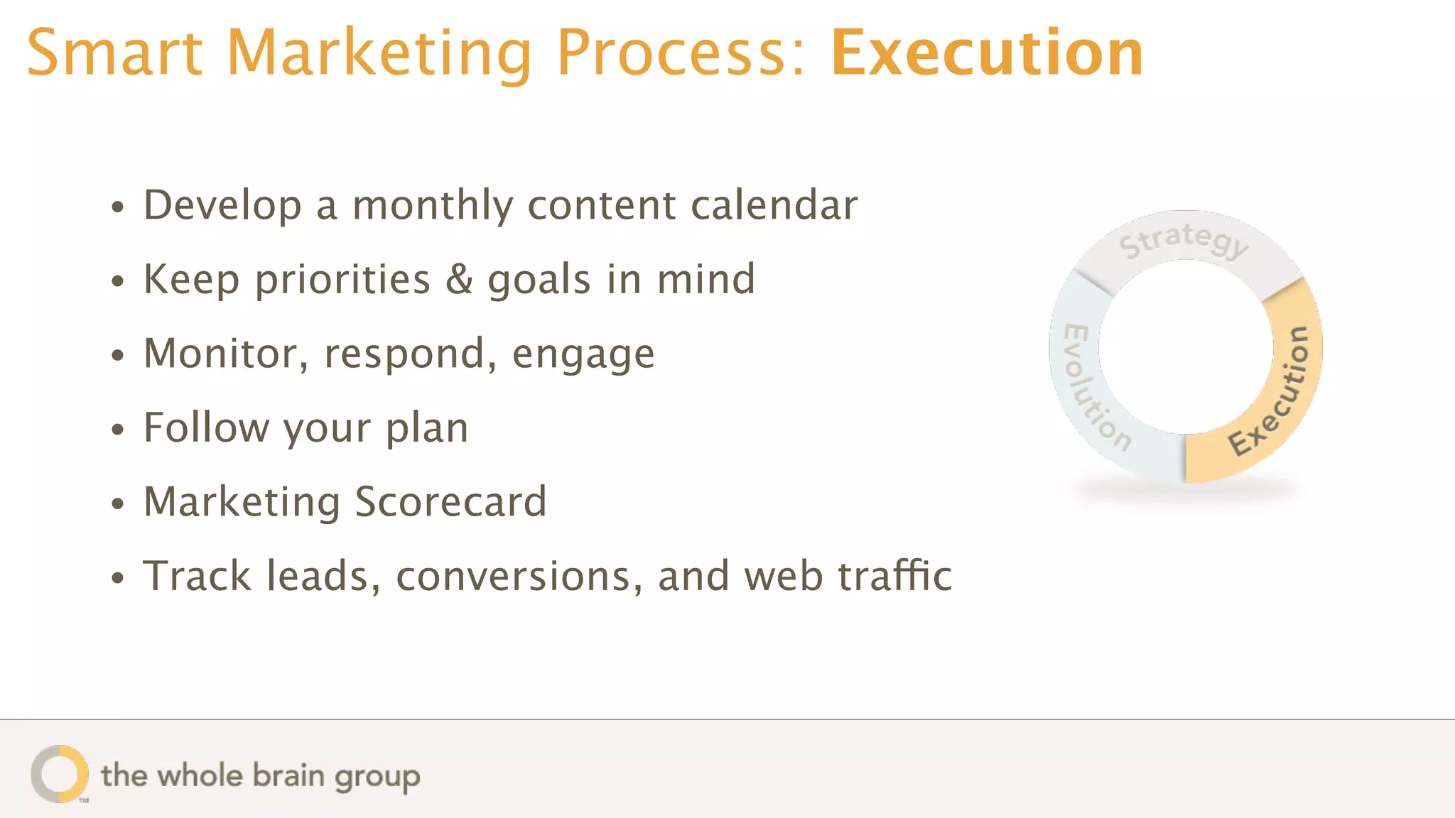 Smart Marketing Process: Execution

  •   Develop a monthly content calendar
  •   Keep priorities & goals in mind
  •   Monitor, respond, engage
  •   Follow your plan
  •   Marketing Scorecard
  •   Track leads, conversions, and web traffic
 