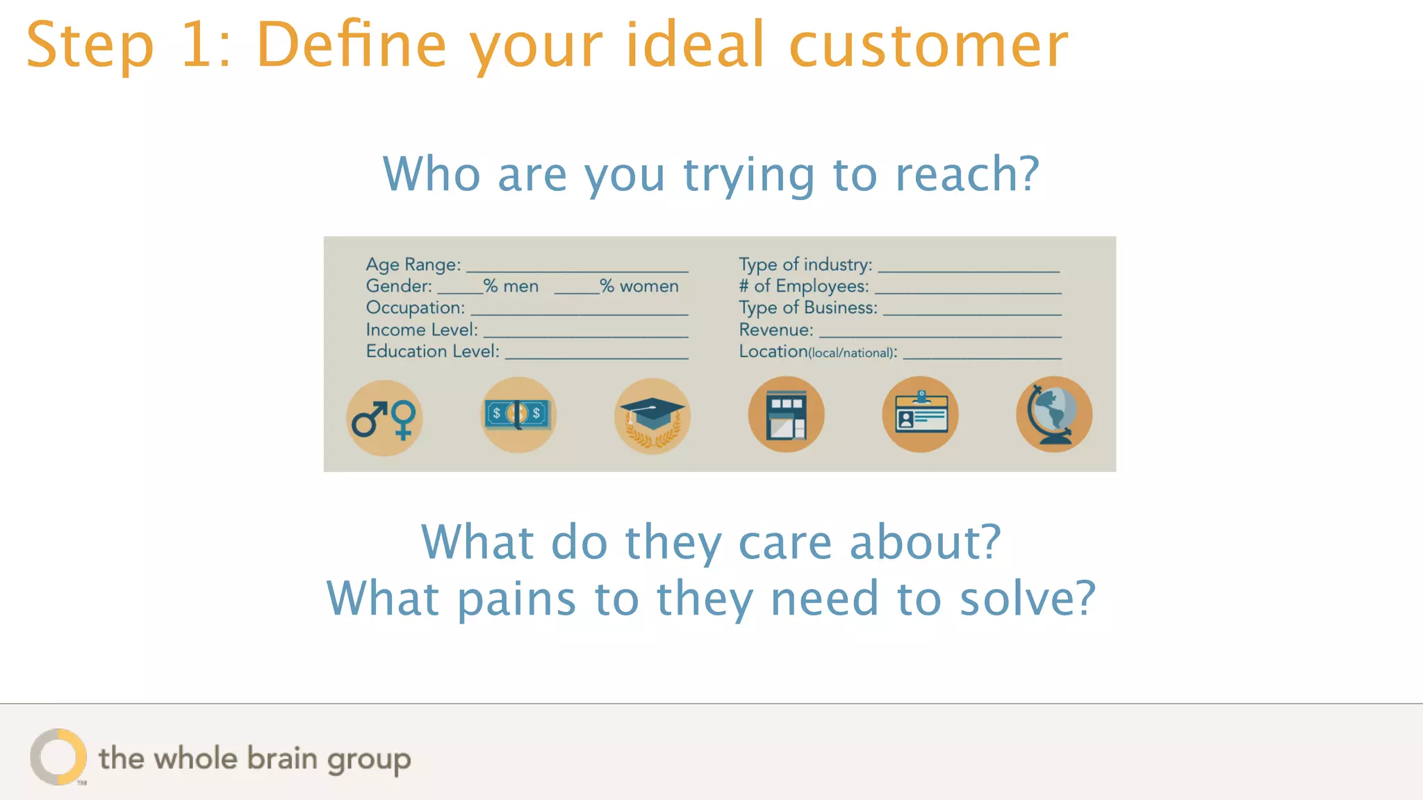 Step 1: Deﬁne your ideal customer

           Who are you trying to reach?




            What do they care about?
         What pains to they need to solve?
 