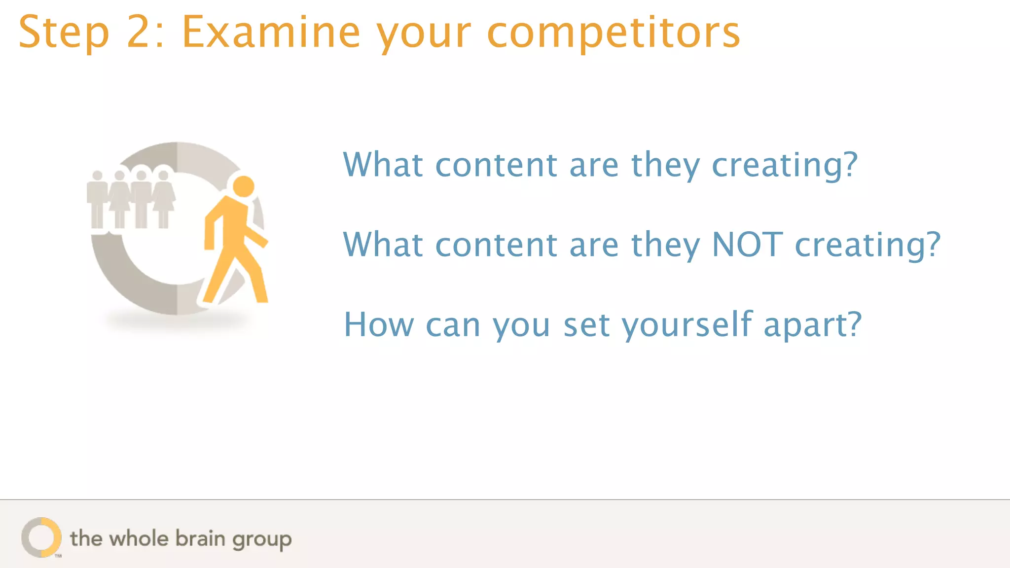 Step 2: Examine your competitors

              What content are they creating?

              What content are they NOT creating?

              How can you set yourself apart?
 
