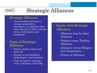 Strategic Alliances 
• Strategic Alliances 
– “partnerships between or 
among competitors, 
customers, or suppliers that 
may take one or more various 
forms, both equity and 
nonequity” 
• Goals of Strategic 
Alliances: 
– Faster market entry and 
start-up 
– Access to new products, 
technologies, and markets 
– Cost-savings by sharing 
costs, resources, and risks 
• Issues with Strategic 
Alliances: 
– Alliances may be Joint 
Ventures 
– Pooling versus Trading 
Alliances 
– Alliances versus Mergers 
and Acquisitions 
– Future of Alliances 
LO2 
13-13 
 