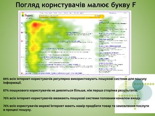Погляд користувачів малює букву F
84% всіх інтернет-користувачів регулярно використовують пошукові системи для пошуку
інформації.
87% пошукового користувачів не дивляться більше, ніж перша сторінка результатів.
76% всіх інтернет-користувачів вважають пошукові системи головним каналом входу.
76% всіх користувачів мережі Інтернет мають намір придбати товар та замовлення послуги
в процесі пошуку.
 