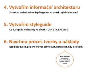 4. Vytvořím informační architekturu
  Struktura webu i jednotlivých typových stránek. Výběr informací.




5. Vytvořím styleguide
  Co a jak psát. Požadavky na obsah – USP, CTA, KPI, CMS.




6. Navrhnu proces tvorby a náklady
  Kdo bude tvořit, připomínkovat, schvalovat, upravovat. Kdy a za kolik.


                                                  A pak se můžete
                                                    vrhnout i na
                                                 copywriting. Texty
                                                 vyladíte ve WF a v
                                                      grafice.
 