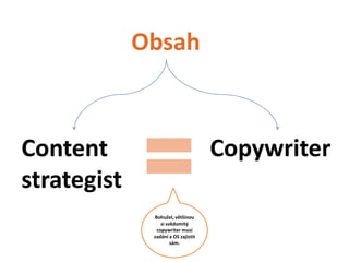 Obsah



Content                              Copywriter
strategist
              Bohužel, většinou
                 si svědomitý
               copywriter musí
              zadání a OS zajistit
                      sám.
 