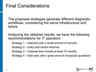 Final Considerations
26/28
• The proposed strategies generate different diagnostic
workflows, considering the same infrastructure and
failure
• Analyzing the obtained results, we have the following
recommendations for IT operators
• Strategy 1 – histories with a small amount of records
• Strategy 2 – bulky and recent histories
• Strategy 3 – histories that include at least 10 months
• Strategy 4 – data sets with a great amount of popular questions
 
