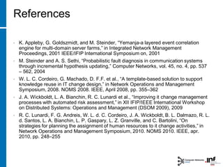 References
• K. Appleby, G. Goldszmidt, and M. Steinder, “Yemanja-a layered event correlation
engine for multi-domain server farms,” in Integrated Network Management
Proceedings, 2001 IEEE/IFIP International Symposium on, 2001
• M. Steinder and A. S. Sethi, “Probabilistic fault diagnosis in communication systems
through incremental hypothesis updating,” Computer Networks, vol. 45, no. 4, pp. 537
– 562, 2004
• W. L. C. Cordeiro, G. Machado, D. F.F. et al., “A template-based solution to support
knowledge reuse in IT change design,” in Network Operations and Management
Symposium, 2008. NOMS 2008. IEEE, April 2008, pp. 355–362
• J. A. Wickboldt, L. A. Bianchin, R. C. Lunardi et al., “Improving it change management
processes with automated risk assessment,” in XII IFIP/IEEE International Workshop
on Distributed Systems: Operations and Management (DSOM 2009), 2009
• R. C. Lunardi, F. G. Andreis, W. L. d. C. Cordeiro, J. A. Wickboldt, B. L. Dalmazo, R. L.
d. Santos, L. A. Bianchin, L. P. Gaspary, L. Z. Granville, and C. Bartolini, “On
strategies for planning the assignment of human resources to it change activities,” in
Network Operations and Management Symposium, 2010. NOMS 2010. IEEE, apr.
2010, pp. 248–255
 
