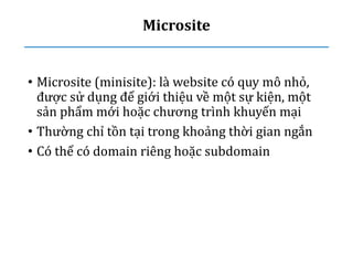 Microsite
• Microsite (minisite): là website có quy mô nhỏ,
được sử dụng để giới thiệu về một sự kiện, một
sản phẩm mới hoặc chương trình khuyến mại
• Thường chỉ tồn tại trong khoảng thời gian ngắn
• Có thể có domain riêng hoặc subdomain
 