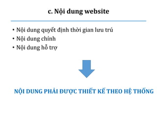 c. Nội dung website
• Nội dung quyết định thời gian lưu trú
• Nội dung chính
• Nội dung hỗ trợ
NỘI DUNG PHẢI ĐƯỢC THIẾT KẾ THEO HỆ THỐNG
 