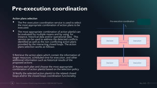 Pre-execution coordination
May 2021
Next-Generation Closed-Loop Automation | IEEE IM 2021 Tutorial
99
Action plans selection
• The Pre-execution coordination service is used to select
the most appropriate combination of action plans to be
executed.
• The most appropriate combination of action plan(s) can
be evaluated by multiple means and by using, for
instance, historical data and/or operational data. This
service can be used to address the detected conflicts
identified as well as the non-conflicting action plans
provided by the interacting closed loops. The action
plans selection works as follows:
1) Retrieve the action plans which contain the information of
target resources, scheduled time for execution, and other
additional information such as historical results of the
proposed actions
2) Assess each plan and choose the most appropriate
combination of action plan(s) based on the selection policy
3) Notify the selected action plan(s) to the related closed
loops and/or the closed loops coordination functionality
 