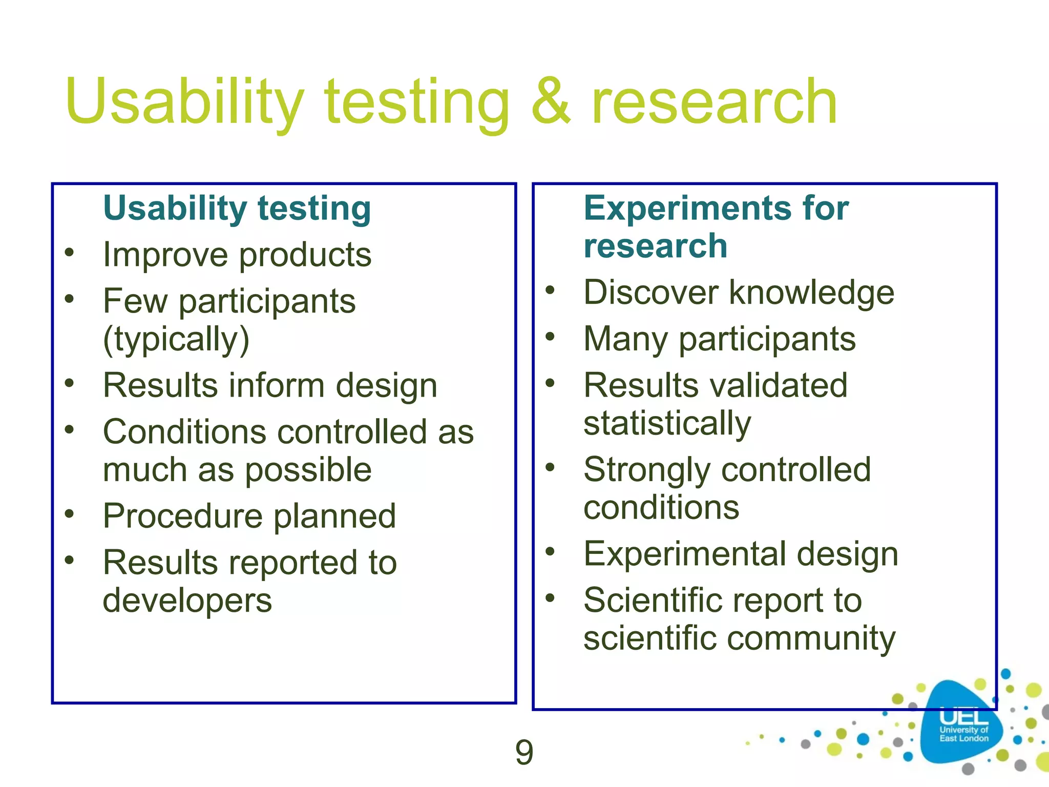 Usability testing & research
•
•
•
•
•
•

Usability testing
Improve products
Few participants
(typically)
Results inform design
Conditions controlled as
much as possible
Procedure planned
Results reported to
developers

•
•
•
•
•
•

9

Experiments for
research
Discover knowledge
Many participants
Results validated
statistically
Strongly controlled
conditions
Experimental design
Scientific report to
scientific community

 