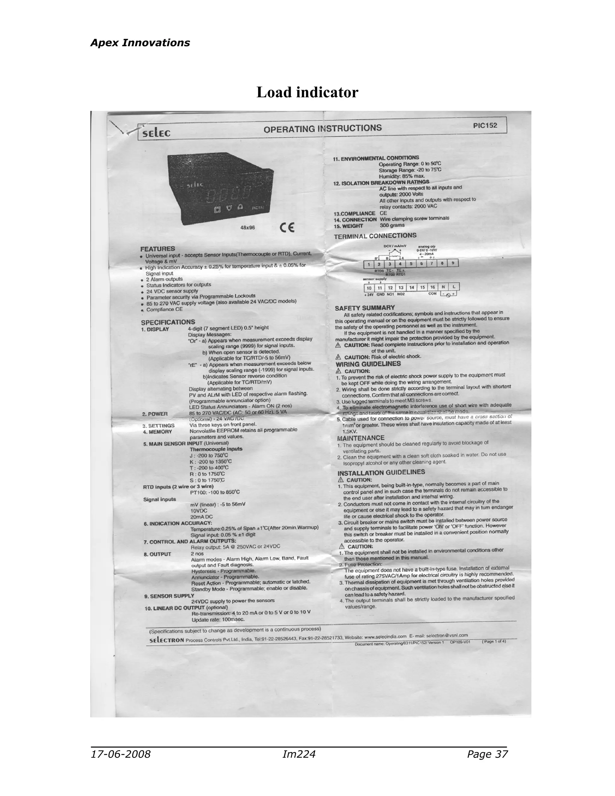 Apex Innovations
17-06-2008 Im224 Page 37
Load indicator
 