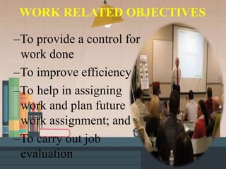WORK RELATED OBJECTIVES
–To provide a control for
work done
–To improve efficiency
–To help in assigning
work and plan future
work assignment; and
–To carry out job
evaluation
 