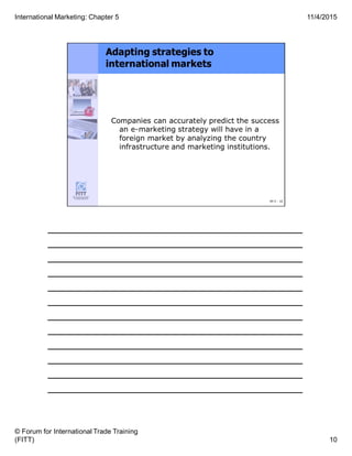 ______________________________________
______________________________________
______________________________________
______________________________________
______________________________________
______________________________________
______________________________________
______________________________________
______________________________________
______________________________________
______________________________________
______________________________________
10
11/4/2015
© Forum for International Trade Training
(FITT)
International Marketing: Chapter 5
 