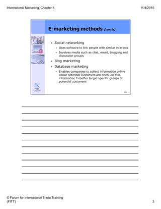 ______________________________________
______________________________________
______________________________________
______________________________________
______________________________________
______________________________________
______________________________________
______________________________________
______________________________________
______________________________________
______________________________________
______________________________________
3
11/4/2015
© Forum for International Trade Training
(FITT)
International Marketing: Chapter 5
 