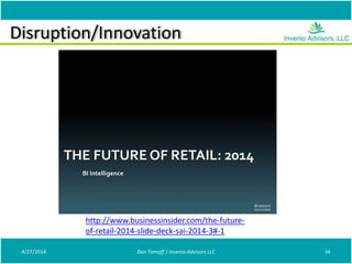 Disruption/Innovation
4/27/2014 Don Tomoff | Invenio Advisors LLC 34
http://www.businessinsider.com/the-future-
of-retail-2014-slide-deck-sai-2014-3#-1
 