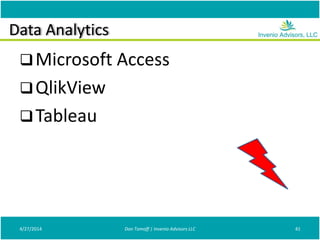 Data Analytics
Microsoft Access
QlikView
Tableau
4/27/2014 Don Tomoff | Invenio Advisors LLC 41
 