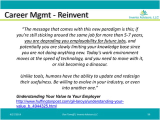 Career Mgmt - Reinvent
4/27/2014 Don Tomoff | Invenio Advisors LLC 59
“The message that comes with this new paradigm is this; if
you're still sticking around the same job for more than 5-7 years,
you are degrading you employability for future jobs, and
potentially you are slowly limiting your knowledge base since
you are not doing anything new. Today's work environment
moves at the speed of technology, and you need to move with it,
or risk becoming a dinosaur.
Unlike tools, humans have the ability to update and redesign
their usefulness. Be willing to evolve in your industry, or even
into another one.”
Understanding Your Value to Your Employer
http://www.huffingtonpost.com/gil-laroya/understanding-your-
value_b_4944325.html
 