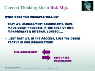 11
IMA’s 93rd Annual Conference
© 2012 Institute of Management Accountants and International Federation of Accountants. All rights reserved.
Current Thinking About Risk Mgt.
What does this example tell us?
„ That we, management accountants, have
made great progress in the area of risk
management & internal control…
„ …But that we, in the process, lost the other
people in our organization!
Risk Management
Rest of the
Organization
 