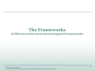 14
IMA’s 93rd Annual Conference
© 2012 Institute of Management Accountants and International Federation of Accountants. All rights reserved.
The Frameworks
(COSO 2013 Internal Control Integrated Framework)
 