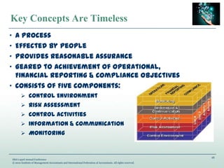 16
IMA’s 93rd Annual Conference
© 2012 Institute of Management Accountants and International Federation of Accountants. All rights reserved.
Key Concepts Are Timeless
„ A Process
„ Effected by People
„ Provides Reasonable Assurance
„ Geared to Achievement of Operational,
Financial Reporting & Compliance Objectives
„ Consists of Five Components:
 Control Environment
 Risk Assessment
 Control Activities
 Information & Communication
 Monitoring
 
