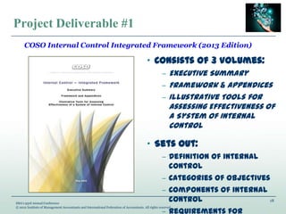 18
IMA’s 93rd Annual Conference
© 2012 Institute of Management Accountants and International Federation of Accountants. All rights reserved.
Project Deliverable #1
„ Consists of 3 volumes:
− Executive Summary
− Framework & Appendices
− Illustrative Tools for
Assessing Effectiveness of
a System of Internal
Control
„ Sets out:
− Definition of internal
control
− Categories of objectives
− Components of internal
control
− Requirements for
COSO Internal Control Integrated Framework (2013 Edition)
 