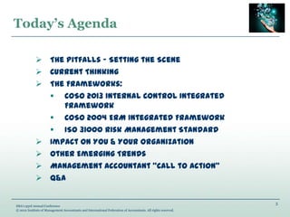 Today’s Agenda
3
IMA’s 93rd Annual Conference
© 2012 Institute of Management Accountants and International Federation of Accountants. All rights reserved.
 The Pitfalls ‟ Setting the Scene
 Current Thinking
 The Frameworks:
 COSO 2013 Internal Control Integrated
Framework
 COSO 2004 ERM Integrated Framework
 ISO 31000 Risk Management Standard
 Impact on You & Your Organization
 Other Emerging Trends
 Management Accountant “Call to Action”
 Q&A
 