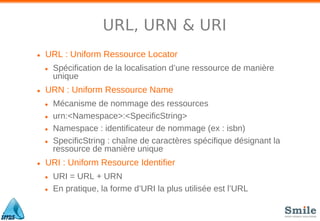 URL, URN & URI
• URL : Uniform Ressource Locator
• Spéciﬁcation de la localisation d’une ressource de manière
unique
• URN : Uniform Ressource Name
• Mécanisme de nommage des ressources
• urn:<Namespace>:<SpecificString>
• Namespace : identiﬁcateur de nommage (ex : isbn)
• SpecificString : chaîne de caractères spéciﬁque désignant la
ressource de manière unique
• URI : Uniform Resource Identiﬁer
• URI = URL + URN
• En pratique, la forme d’URI la plus utilisée est l’URL
 