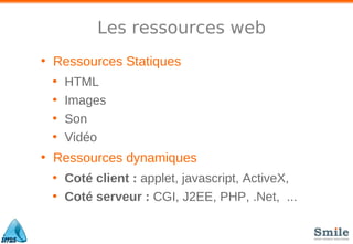Les ressources web
• Ressources Statiques
• HTML
• Images
• Son
• Vidéo
• Ressources dynamiques
• Coté client : applet, javascript, ActiveX,
• Coté serveur : CGI, J2EE, PHP, .Net, ...
 