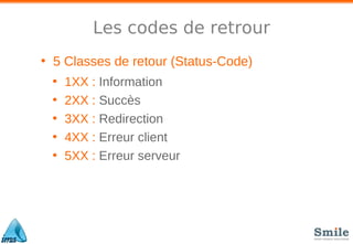 Les codes de retrour
• 5 Classes de retour (Status-Code)
• 1XX : Information
• 2XX : Succès
• 3XX : Redirection
• 4XX : Erreur client
• 5XX : Erreur serveur
 