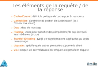 Les éléments de la requête / de
la réponse
• Cache-Control : déﬁnit la politique de cache pour la ressource
• Connection : paramètre de gestion de la connexion (ex :
Connection: close)
• Date : date du message
• Pragma : utilisé pour spéciﬁer des comportements aux serveurs
intermédiaires (proxy)
• Transfer-Encoding : types de transformations appliquées au corps
du message
• Upgrade : spéciﬁe quels autres protocoles supporte le client
• Via : indique les intermédiaires par lesquels est passée la requête
 