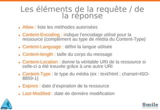 Les éléments de la requête / de
la réponse
• Allow : liste les méthodes autorisées
• Content-Encoding : indique l’encodage utilisé pour la
ressource (complément au type de média du Content-Type)
• Content-Language : déﬁni la langue utilisée
• Content-length : taille du corps du message
• Content-Location : donne la véritable URI de la ressource si
celle-ci a été trouvée grâce à une autre URI
• Content-Type : le type du média (ex : text/html ; charset=ISO-
8859-1)
• Expires : date d’expiration de la ressource
• Last-Modified : date de dernière modiﬁcation
 