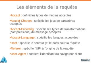 Les éléments de la requête
●
Accept : déﬁnit les types de médias acceptés
●
Accept-Charset : spéciﬁe les jeux de caractères
acceptés
●
Accept-Encoding : spéciﬁe les types de transformations
(compressions) du message acceptés
●
Accept-Language : spéciﬁe les langues acceptées
●
Host : spéciﬁe le serveur (et le port) pour la requête
●
Referer : spéciﬁe l’URI à l’origine de la requête
●
User-Agent : contient l’identiﬁant du navigateur client
 
