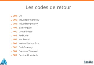 Les codes de retour
• 200 : OK
• 301 : Moved permanently
• 302 : Moved temporarily
• 400 : Bad Request
• 401 : Unauthorized
• 403 : Forbidden
• 404 : Not Found
• 500 : Internal Server Error
• 502 : Bad Gateway
• 504 : Gateway Time-out
• 503 : Service Unvailable
 