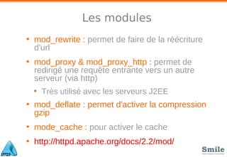 Les modules
• mod_rewrite : permet de faire de la réécriture
d'url
• mod_proxy & mod_proxy_http : permet de
redirigé une requête entrante vers un autre
serveur (via http)
• Très utilisé avec les serveurs J2EE
• mod_deflate : permet d'activer la compression
gzip
• mode_cache : pour activer le cache
• http://httpd.apache.org/docs/2.2/mod/
 