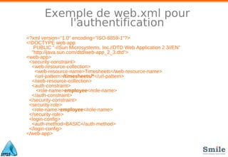Exemple de web.xml pour
l'authentification
<?xml version="1.0" encoding="ISO-8859-1"?>
<!DOCTYPE web-app
PUBLIC "-//Sun Microsystems, Inc.//DTD Web Application 2.3//EN"
"http://java.sun.com/dtd/web-app_2_3.dtd">
<web-app>
<security-constraint>
<web-resource-collection>
<web-resource-name>Timesheets</web-resource-name>
<url-pattern>/timesheets/*</url-pattern>
</web-resource-collection>
<auth-constraint>
<role-name>employee</role-name>
</auth-constraint>
</security-constraint>
<security-role>
<role-name>employee</role-name>
</security-role>
<login-config>
<auth-method>BASIC</auth-method>
</login-config>
</web-app>
 