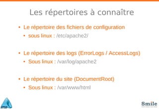 Les répertoires à connaître
• Le répertoire des fichiers de configuration
• sous linux : /etc/apache2/
• Le répertoire des logs (ErrorLogs / AccessLogs)
• Sous linux : /var/log/apache2
• Le répertoire du site (DocumentRoot)
• Sous linux : /var/www/html
 