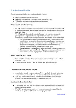Criterios de cualificación
Os instrumentos utilizados para avaliar serán, entre outros:
Probas sobre coñecementos teóricos.
Probas teórico-prácticas, tanto individuais como colectivas
Valoración de conceptos, procedementos e actitudes.
A nota de cada traballo individual:
Un 60% do resultado e obxectivos a cumprir coa realización de cada actividade,
o que supoñerá ou non, a asimilación dos contidos conceptuais que precederon
cada actividade.
Un 20% estará referido á súa actitude fronte as propostas, así como a súa
predisposición á experimentación, capacidade crítica cos seus propios
resultados, o seu nivel de esforzo e curiosidade, así como de respecto á materia.
o Por último o 20 % restante referirase á asistencia, entrega puntual dos
traballos, boa presentación dos mesmos, orde e a limpeza dos materiais,
propios e comúns. Tamén teremos en conta o comportamento na aula,
baseándose no respecto e a tolerancia fronte os compañeiros e ao
profesor, tamén valorarase o respecto ó traballo alleo.
o Os traballos non entregados sen causa xustificada terán de nota un cero
o En caso de entregar traballos fora de prazo, sen causa xustificada, terán
unha rebaixa na nota en proporción coa tardanza na entrega.
A nota dos proxectos en grupo:
Será dun 75% como traballo colectivo e nota de aportación persoal ao traballo
conxunto 25%
A suma de ambas definen a nota do alumno polo proxecto en grupo.
Cualificación de las avaliacións parciais:
A avaliación de cada trimestre será nun 75 % o resultado da media aritmética
dos exercicios, exames e demais probas de contido propostas na avaliación.
Nun 25% se valorarán durante o trimestre os instrumentos de cualificación
recollidos no apartado c) do punto 10 desta programación
Cualificación da avaliación final:
A avaliación final será nun 75 % o resultado da media aritmética das notas das
tres avaliacións do curso.
Nun 25% se valorarán durante todo o curso os instrumentos de cualificación
recollidos no apartado c) do punto 10 desta programación.
[volver ao índice]
 