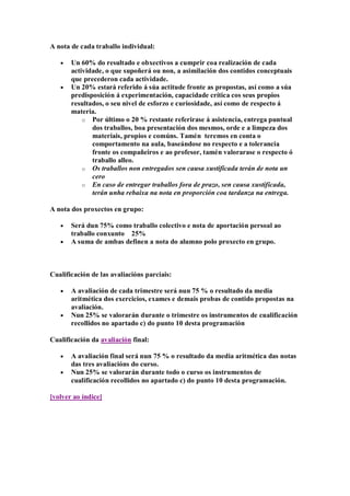 A nota de cada traballo individual:
Un 60% do resultado e obxectivos a cumprir coa realización de cada
actividade, o que supoñerá ou non, a asimilación dos contidos conceptuais
que precederon cada actividade.
Un 20% estará referido á súa actitude fronte as propostas, así como a súa
predisposición á experimentación, capacidade crítica cos seus propios
resultados, o seu nivel de esforzo e curiosidade, así como de respecto á
materia.
o Por último o 20 % restante referirase á asistencia, entrega puntual
dos traballos, boa presentación dos mesmos, orde e a limpeza dos
materiais, propios e comúns. Tamén teremos en conta o
comportamento na aula, baseándose no respecto e a tolerancia
fronte os compañeiros e ao profesor, tamén valorarase o respecto ó
traballo alleo.
o Os traballos non entregados sen causa xustificada terán de nota un
cero
o En caso de entregar traballos fora de prazo, sen causa xustificada,
terán unha rebaixa na nota en proporción coa tardanza na entrega.
A nota dos proxectos en grupo:
Será dun 75% como traballo colectivo e nota de aportación persoal ao
traballo conxunto 25%
A suma de ambas definen a nota do alumno polo proxecto en grupo.
Cualificación de las avaliacións parciais:
A avaliación de cada trimestre será nun 75 % o resultado da media
aritmética dos exercicios, exames e demais probas de contido propostas na
avaliación.
Nun 25% se valorarán durante o trimestre os instrumentos de cualificación
recollidos no apartado c) do punto 10 desta programación
Cualificación da avaliación final:
A avaliación final será nun 75 % o resultado da media aritmética das notas
das tres avaliacións do curso.
Nun 25% se valorarán durante todo o curso os instrumentos de
cualificación recollidos no apartado c) do punto 10 desta programación.
[volver ao índice]
 