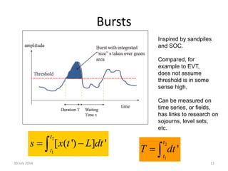 Bursts
30 July 2014 12
2
1
[ ( ') ] '
t
t
s x t L dt  2
1
'
t
t
T dt 
Inspired by sandpiles
and SOC.
Compared, for
example to EVT,
does not assume
threshold is in some
sense high.
Can be measured on
time series, or fields,
has links to research on
sojourns, level sets,
etc.
 