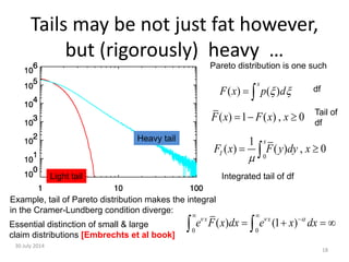 30 July 2014
18
Light tail
Heavy tail
Tails may be not just fat however,
but (rigorously) heavy …
Pareto distribution is one such
( ) ( )
x
F x p d   df
( ) 1 ( ) 0,F x F x x   Tail of
df
0
( ) ,
1
( ) 0I
x
F y dx xF y

 
Integrated tail of df
Example, tail of Pareto distribution makes the integral
in the Cramer-Lundberg condition diverge:
0 0
( ) (1 )x x
e x dxF e x dx  
 

   Essential distinction of small & large
claim distributions [Embrechts et al book]
 