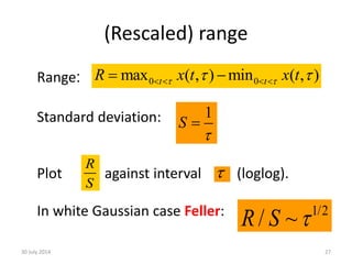 Range:
Standard deviation:
Plot against interval (loglog).
In white Gaussian case Feller:
(Rescaled) range
30 July 2014 27
R
S
0 0max ) min , )( (,t tx xtR t      
1
S



1/2
/ ~R S 
 