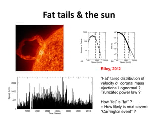 Fat tails & the sun
Riley, 2012
“Fat” tailed distribution of
velocity of coronal mass
ejections. Lognormal ?
Truncated power law ?
How “fat” is “fat” ?
= How likely is next severe
“Carrington event” ?
 