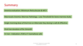 Dr.Sreeraj.V."Approach to anemia:IMA
Kunnmkulam,12/11/22"
26
Summary
Anemia evaluation: Minimum Reticulocyte & MCV
Macrocytic Anemia: Marrow Pathology : Low Threshold for bone marrow study
Single morning dose of Oral Iron or Alternate Day dosing is safe & Effective
Oral Iron duration of Rx: 6month
IV iron : Indication ,FCM or F-Isomaltose safe
 